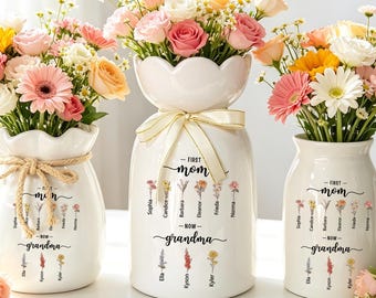 Benutzerdefinierte erste Mama jetzt Oma Vase, personalisierte Geburtsmonat Blumenkeramikkrug, Muttertagsgeschenk für Mama, Nana, Oma Gartenkrug Dekor