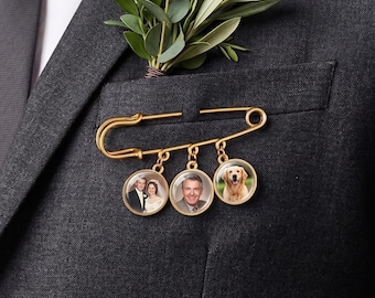 Kavajnål för bröllop, kavajnål med foto, boutonniere-berlock med foto, minnesberlock med foto, bröllopsminne till brudgummen