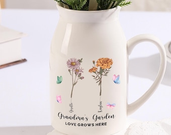Personalized Grandma's Garden Vase, Mothers Day Gifts for Nana, Nanny, Custom Birth Flower Vase, Grandma Gift from Grandkid, Birthday Gifts