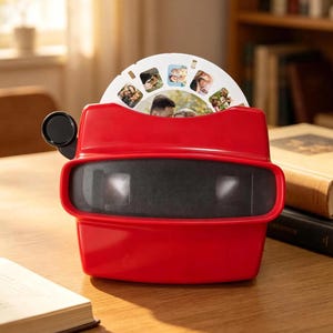 Puede incluir: Un visor de fotos rojo con un ocular negro y un carrete de fotos circular. El visor está sobre una mesa de madera, con un libro abierto y una pila de libros en el fondo. El carrete de fotos muestra varias fotos familiares.