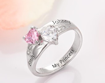 Double Heart Birthstone Promise Ring, Sterling Silver Ring, Wedding Ring, Gift For Her, Girlfriend,  Mom/Mother Birthday, Christmas Gifts