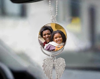 Custom Photo Angel Wings Memorial Hanging Charm, Rear View Mirror Charm, Remembrance Key Chain, Memorial Key Chain, in Loving Memory