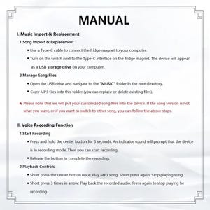May include: A white manual with black text detailing instructions for a device. The document is divided into sections on music import and voice recording, with bullet points explaining each step. The word "MANUAL" is at the top.