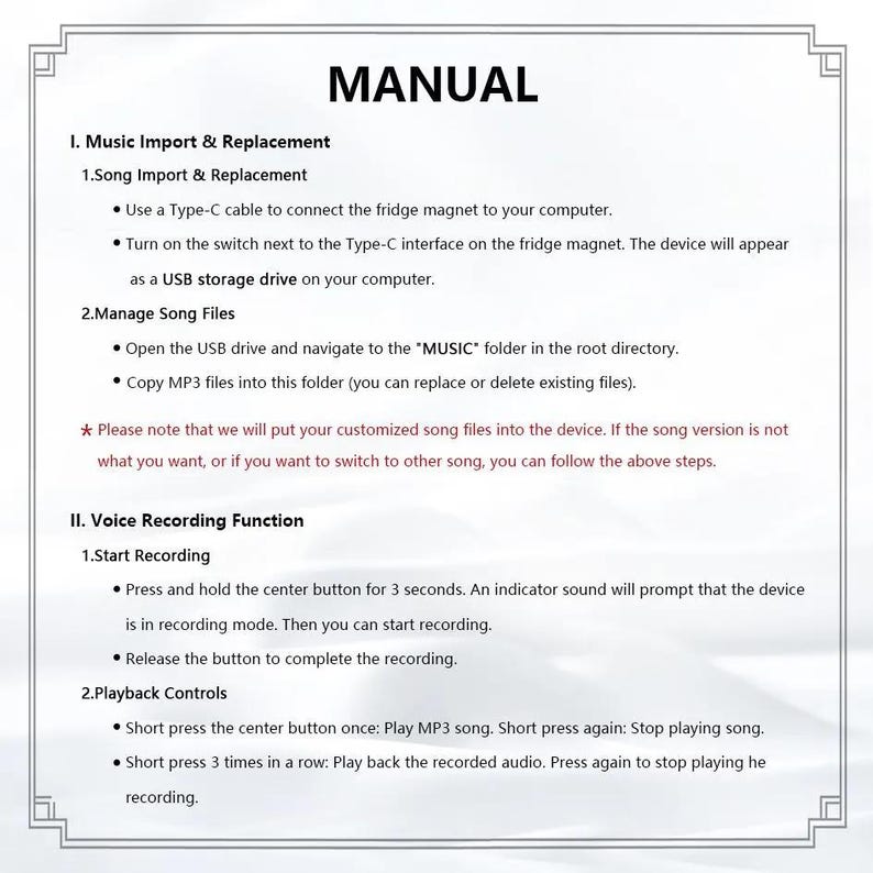 May include: A white manual with black text detailing instructions for a device. The document is divided into sections on music import and voice recording, with bullet points explaining each step. The word "MANUAL" is at the top.