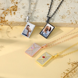 Collar con carta de amor personalizada con foto y piedra natal, collar con sobre, regalo para su mamá, hermana, joyería conmemorativa, regalos del día de San Valentín