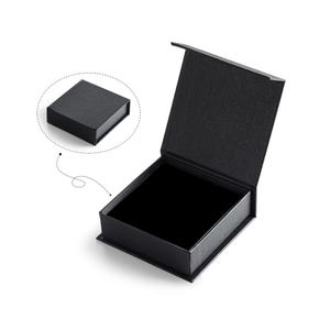 May include: A black square box with a lid that is open. The box is made of a textured material and has a black interior.