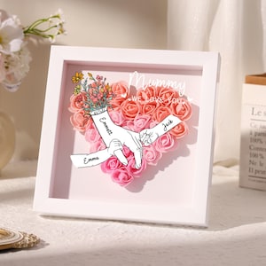 Personalized Roses Shadow Box for Mother&#39;s Day Gift, Custom Flower Shadowbox with Names, Heart Rose Frame Gift for Mom,Grandma Nana Birthday