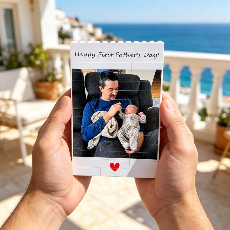 Puede incluir: Un bloque blanco con el texto "Happy First Father's Day!" y un coraz&oacute;n rojo. El bloque muestra una foto de un hombre y un beb&eacute;. El hombre lleva una camisa azul y sostiene al beb&eacute;. El beb&eacute; lleva un mono estampado.