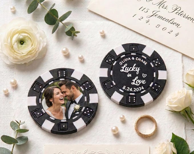Personalized Wedding Poker Chips Set, Custom Printed Color Photo, Engagement Keepsake, Drink Tokens, Vegas Casino Party Favors Gift