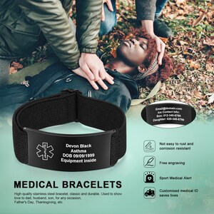 May include: Black medical ID bracelet with the text "Devon Black Asthma DOB 09/09/1999 Equipment inside." The bracelet is shown with a person receiving medical attention. The text "MEDICAL BRACELETS" is also visible.