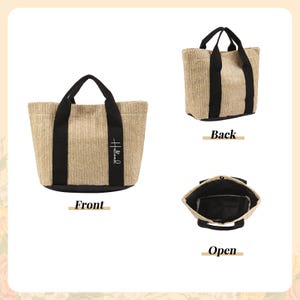 Peut inclure: Un sac fourre-tout de couleur naturelle avec des poign&eacute;es et des bordures noires. Le sac porte le mot "Holland" en &eacute;criture cursive sur le devant. L'image montre les vues avant, arri&egrave;re et ouverte du sac.