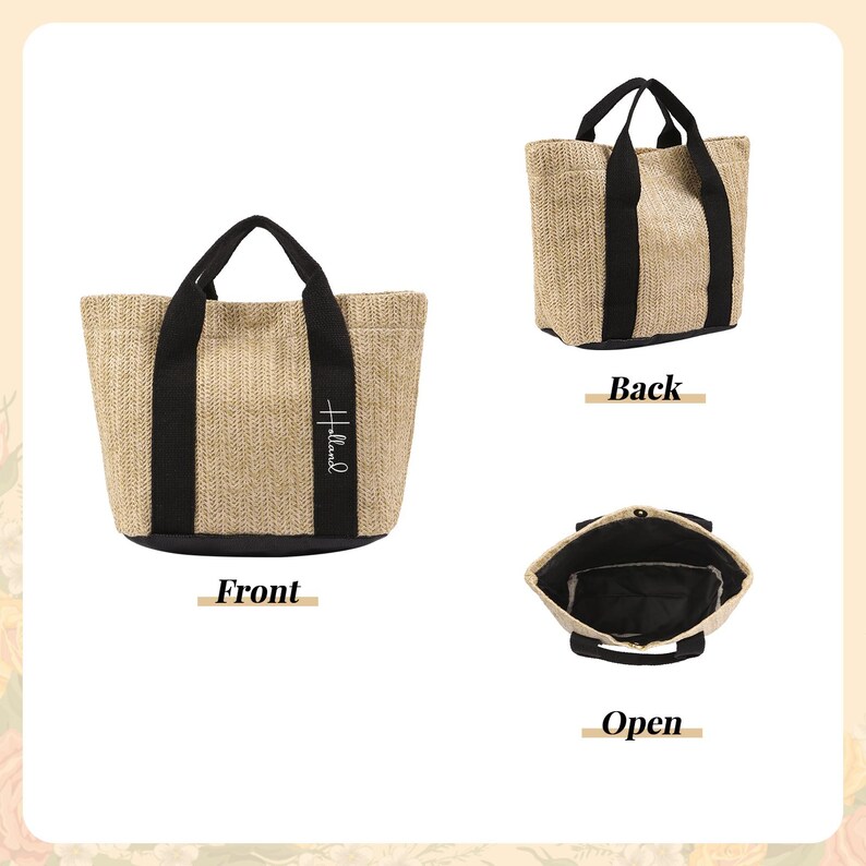 Peut inclure: Un sac fourre-tout de couleur naturelle avec des poign&eacute;es et des bordures noires. Le sac porte le mot "Holland" en &eacute;criture cursive sur le devant. L'image montre les vues avant, arri&egrave;re et ouverte du sac.