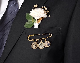 Groom Wedding Lapel Pin, Custom Photo Lapel Pin, Boutonniere Photo Charm, Memorial Photo Charm, Wedding Keepsake for Groom Gift