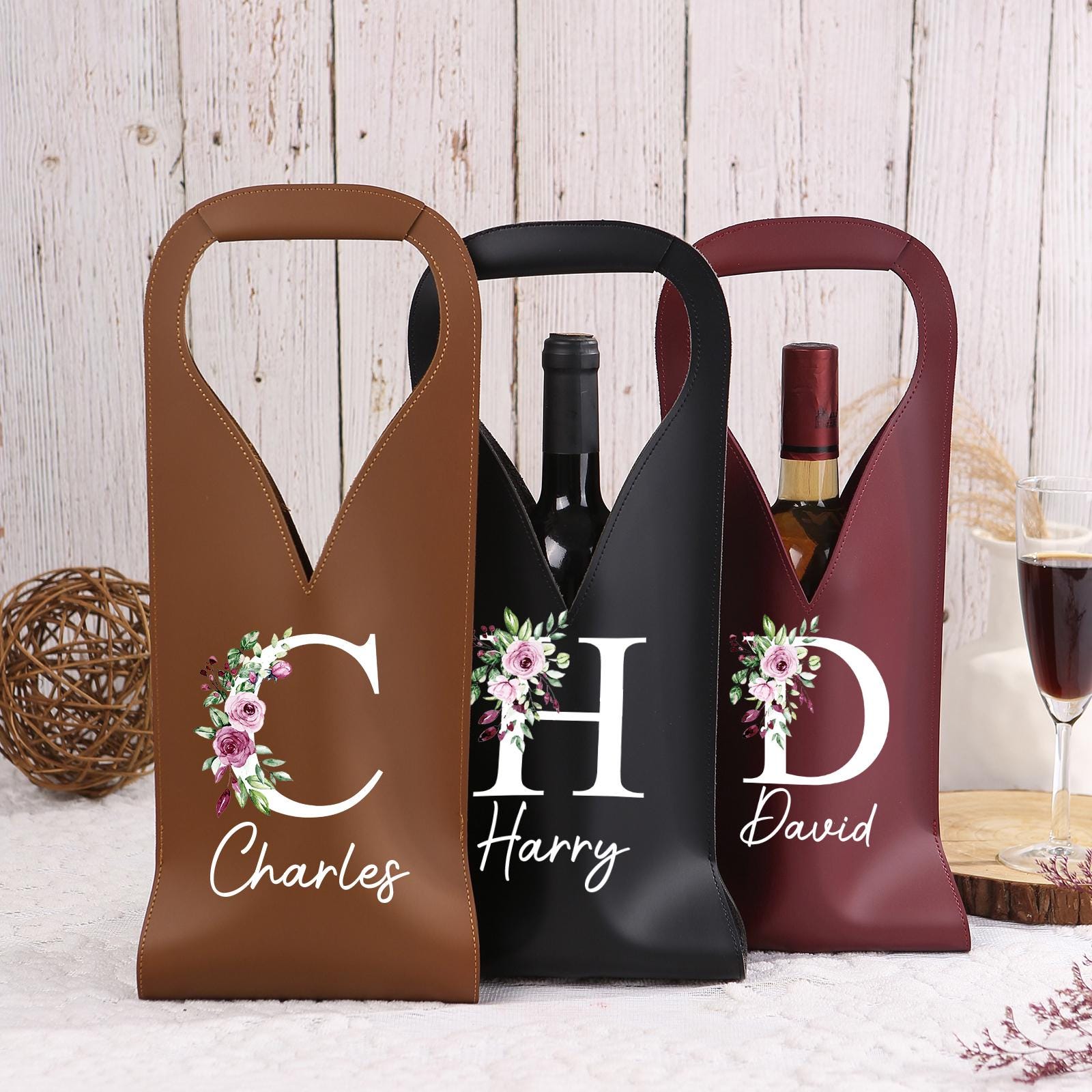 Discover Personalized Wine Tote Bag, Custom Birth Flower Wine Bag, Custom Name Leather Wine Bag, Engraved Name Wine Bag, Housewarming, Wedding Gifts