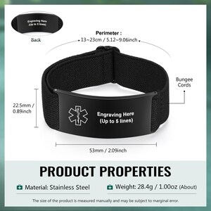 May include: Black stainless steel medical alert bracelet with a black fabric band. The bracelet features a medical symbol and space for engraving up to 5 lines. The band perimeter is 5.12-9.06 inches, and the metal plate is 2.09 inches long.