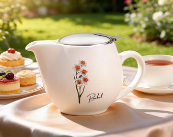 Personalized Ceramic Teapot with Birthday Flower and Name, Custom Floral Teapot, Retirement Gift for Women, Mother's Day Gift for Mom