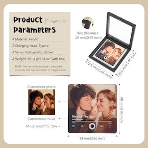 May include: A refrigerator sticker with a customized photo of a couple, featuring a music player interface. The sticker is 98 mm (3.86 inches) wide and 138.5 mm (5.45 inches) tall, with a box thickness of 20 mm (0.79 inches). The product is made of acrylic.