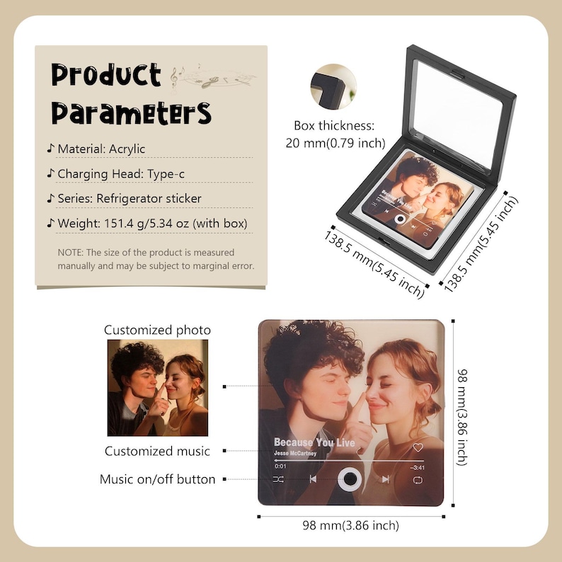 May include: A refrigerator sticker with a customized photo of a couple, featuring a music player interface. The sticker is 98 mm (3.86 inches) wide and 138.5 mm (5.45 inches) tall, with a box thickness of 20 mm (0.79 inches). The product is made of acrylic.