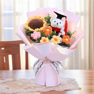 Handgemachter gehäkelter Abschluss-Blumenstrauß mit gestricktem Plüsch-Bär und Sonnenblumen, ewiges Blumengeschenk, Abschluss-Blumen-Geschenk für Graduates