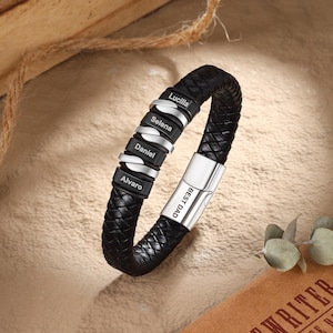 Personalized Mens Leather Bracelet, Kids Name Custom Beaded Bracelet for Husband Boyfriend Dad, Engraved Bracelet For Him, Fathers Day Gifts