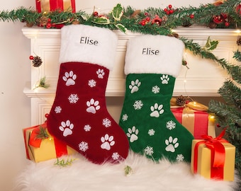 Personalized Embroidered Paw Christmas Stockings, Dog Paw Print Christmas Stocking, Christmas Family Stockings, Pet Christmas Stocking