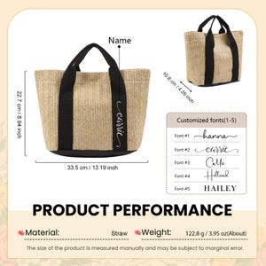 Peut inclure: Un sac fourre-tout en paille avec des poign&eacute;es et des bordures noires, avec le nom "Carrie" en &eacute;criture cursive. Le sac mesure 33,5 cm de large, 22,7 cm de haut et 10,8 cm de profondeur. Le sac p&egrave;se 122,8 grammes.
