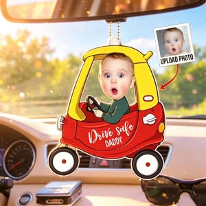 Enfeite de carro personalizado com fotos de 1 a 5 filhos para pai, avô, "Dirija com segurança, papai", enfeite de acrílico para carro, presente para novo papai, presente para o primeiro Dia dos Pais para o marido.