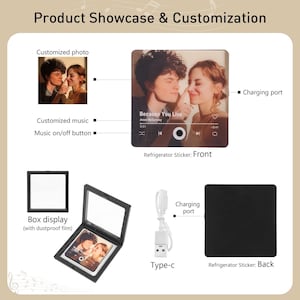 May include: A refrigerator sticker with a customized photo and music features. The front displays a photo with the text "Because You Live" and a music interface. The back is solid black. Includes a box display and a Type-C charging cable.