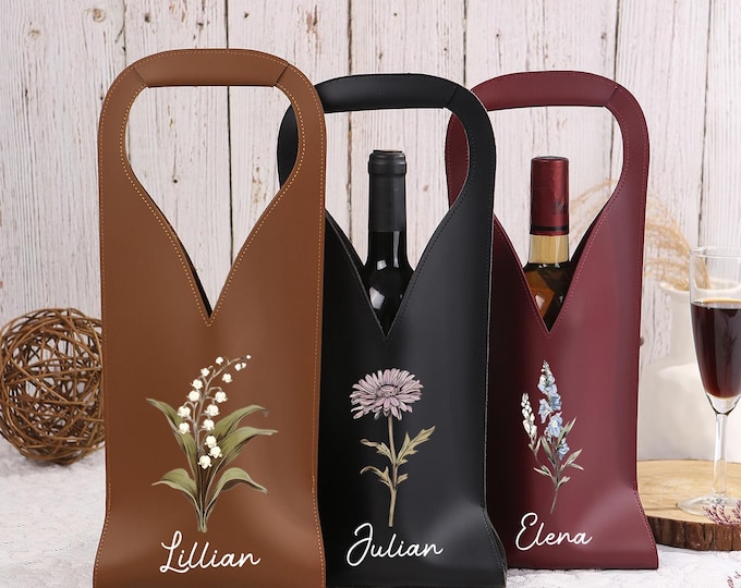 Personalized Wine Tote Bag, Custom Birth Flower Wine Bag, Custom Name Leather Wine Bag, Engraved Name Wine Bag, Housewarming, Wedding Gifts