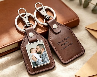 Personalized Photo Leather Keychain, Custom Engraved Keyring for Men Dad Husband Boyfriend