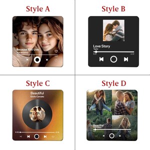 May include: Four square-shaped items with different designs. Style A features a photo of a couple with the text "Because You Live". Style B has a photo of a couple with the text "Love Story". Style C has a photo with the text "Beautiful". Style D has multiple photos.