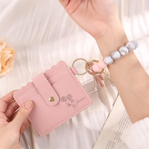 Birth Flower Keychain Wallet, Leather Card Wallet, Keychain Wallet with Wrist Lanyard, Wallet Cardholder, Custom Name Purse, Mother&#39;s Day