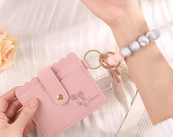 Geburtsblume Schlüsselbund Brieftasche, Leder Karte Brieftasche, Schlüsselbund Brieftasche mit Handgelenk Lanyard, Brieftasche Kartenhalter, Benutzerdefinierte Name Geldbörse, Muttertag