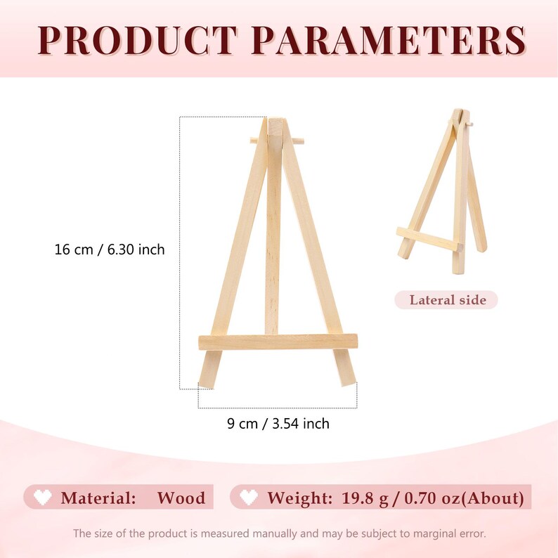 Puede incluir: Dos peque&ntilde;os caballetes de madera natural. Uno se muestra de frente, el otro de lado. El caballete frontal mide 16 cm de alto y 9 cm de ancho. El material es madera y el peso es de unos 19,8 g. El texto en la parte superior dice "PRODUCT PARAMETERS."