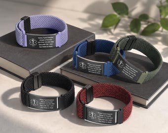 Custom Adjustable Medical Alert Bracelet Medical Alert Badge Elastic Nylon Emergency Wristband Emergency Medical ID Bracelet for Men Women