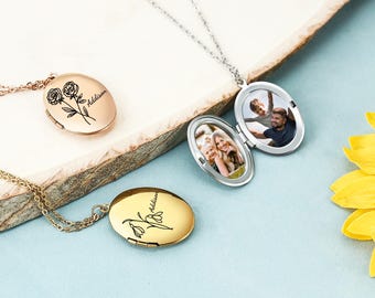 Birth Flower Engraved Locket Necklace with Photo, Memorial Photo Locket, Memorial Jewelry, Anniversary Gift, Mom Gift, Christmas Gift