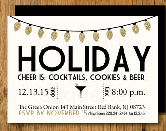 Cocktails, Cookies & Beer Gold Holiday Party Invitations, Gold Christmas Party, Ornament Exchange, New Years Party Invite, Cookie Exchange