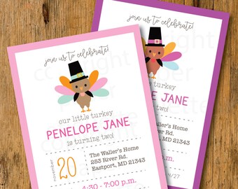 Little Turkey Birthday Invite,Turkey Turning One Birthday Party,Thanksgiving Birthday,Girl Turkey Invitation,Fall Birthday Party,Fall Invite