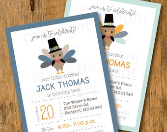 Our Little Turkey Birthday Invite, Turkey Birthday Party, Thanksgiving Birthday, Boy Turkey Invitation, Fall Birthday Party Invite, Turkey