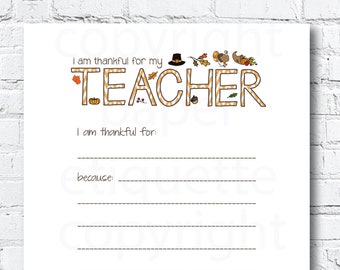 Teacher Thanksgiving Gift, Thanksgiving Thankful For My Teacher, Teacher Holiday Fill In, Thanksgiving Teacher Printable, 8x10 Fill-In