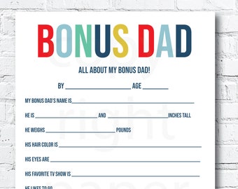 INSTANT DOWNLOAD Bonus Dad Fill In, All About My Bonus Dad, Stepdad Father's Day gift, Virtual Father's Day, Stepdad Gift, Bonus Dad Card