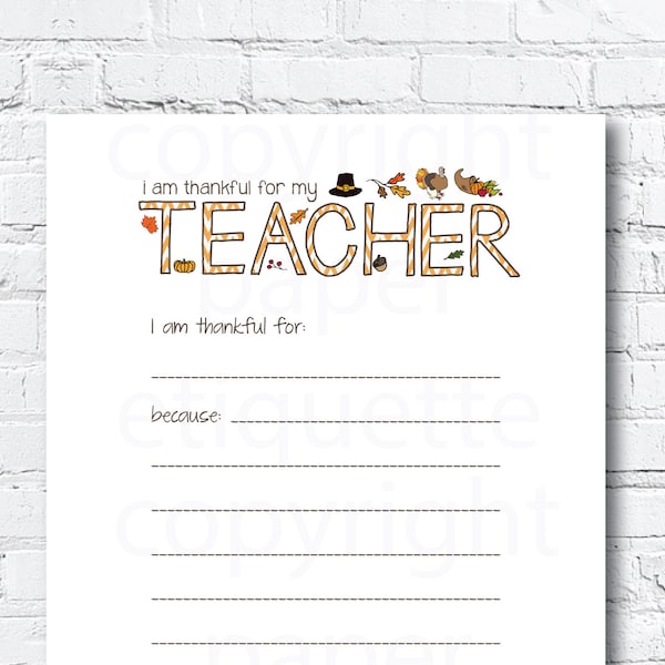 Teacher Thanksgiving Gift, Thanksgiving Thankful For My Teacher, Teacher Holiday Fill In, Thanksgiving Teacher Printable, 8x10 Fill-In