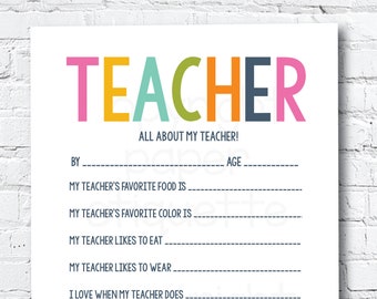 All About My Teacher Printable, Teacher Appreciation Week, End of Year Teacher Gift, Teacher Printable, Teacher Thank You,Teacher Keepsake