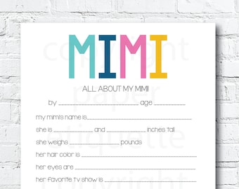 All About Mimi Printable, Mimi Mother's Day Gift - Mimi Fill In, Print Your Own Mother's Day Gift, Mom Gift, Happy Mother's Day, Mimi Gift