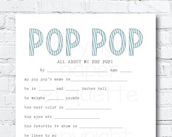 All About Pop Pop, Father's Day Gift, 5 x 7 Fill In The Blank, Pop Pop Father's Day Gift, Pop Pop Birthday, Father's Day Fill In - All About