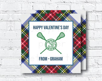Custom Lacrosse Preppy Valentine's Day Card- Plaid Sports Valentine -Lacrosse Stick Valentine - Monogram Valentine - Preppy Sports Valentine