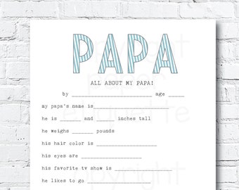All About Papa Printable - Father's Day Gift Fill In The Blanks - Grandpa Father's Day Gift - Papa Birthday - Father's Day Keepsake Gift