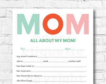 All About My Mom Printable - Mother's Day Gift, Mom Fill In The Blanks, Mom Thank You Card, Mom Birthday Gift, Mama Gift, Mom 50th Card