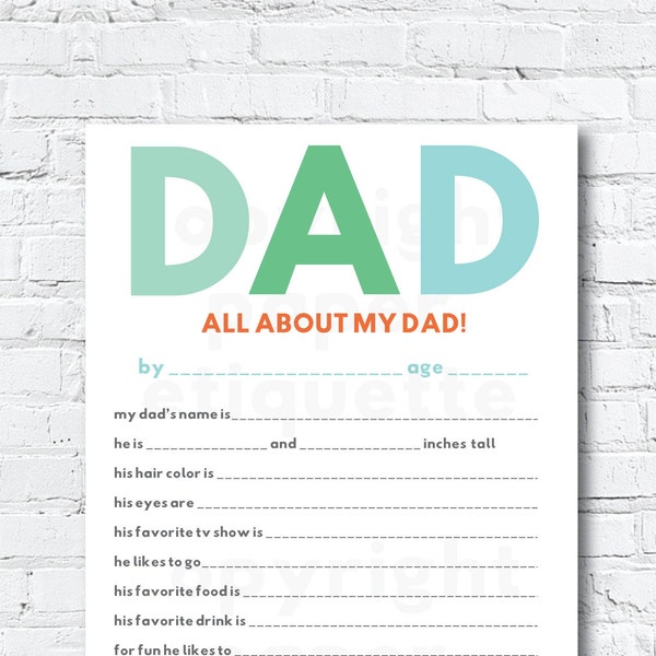 Father's Day Printable, All About My Dad, Father's Day Questionnaire, Dad Questionnaire, Father's Day Gift, Happy Fathers Day, Dad Birthday