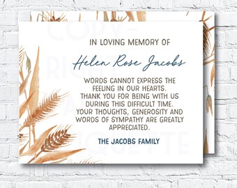 Sympathy Acknowledgement Card - Thank You Sympathy Card, Celebration of Life, Personalized Funeral Card, Nature Bereavement Notes